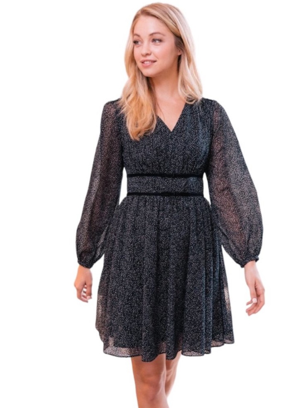 GAL MEETS GLAM Skylar Dress Size 8 Black Flocked Chiffon Balloon Sleeve Pockets